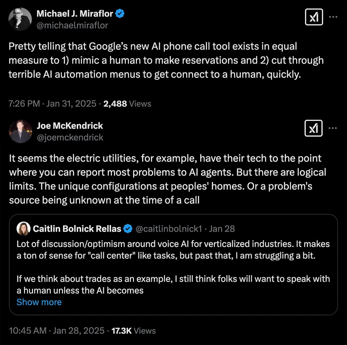 X posts: Michael J. Miraflor on Google’s AI phone-call tool, and Joe McKendrick on utilities letting customers report problems to AI agents, quoting Caitlin Bolnick Rellas on voice AI.