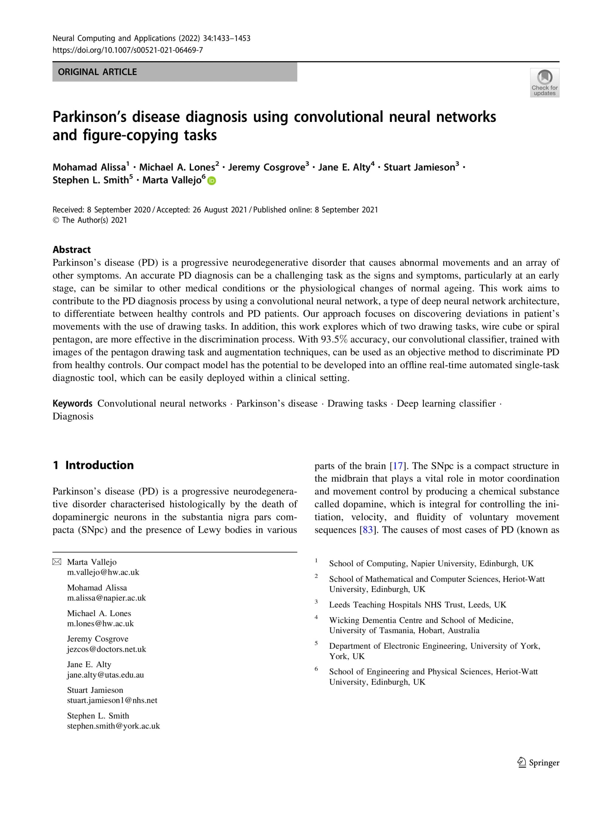 First page of the paper “Parkinson’s disease diagnosis using convolutional neural networks and figure-copying tasks,” published in Neural Computing and Applications.